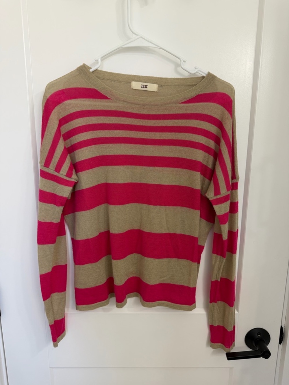 ISSI Pink and Tan Striped Scoop Neck Sweater
